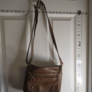 Tan Leather-Look Crossbody Bag with Front Zip Pocket